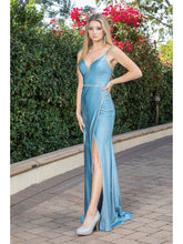 Load image into Gallery viewer, Sleek Satin Gown with Spaghetti Straps, V-Neckline, Crystal Waistband, and Thigh-High Slit
