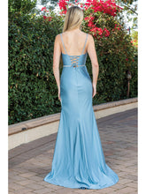 Load image into Gallery viewer, Sleek Satin Gown with Spaghetti Straps, V-Neckline, Crystal Waistband, and Thigh-High Slit
