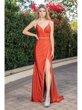 Load image into Gallery viewer, Sleek Satin Gown with Spaghetti Straps, V-Neckline, Crystal Waistband, and Thigh-High Slit

