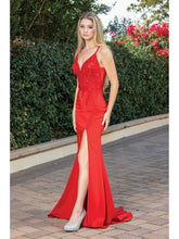 Load image into Gallery viewer, Sleek Satin Dress with Lace Applique Bodice and Thigh-High Slit
