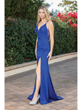 Load image into Gallery viewer, Sleek Satin Dress with Lace Applique Bodice and Thigh-High Slit
