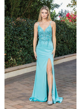 Load image into Gallery viewer, Sleek Satin Dress with Lace Applique Bodice and Thigh-High Slit
