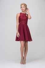 Load image into Gallery viewer, Short gown with halter illusion neckline, lace embroidered top, chiffon skirt, and zipper closure at back #6025

