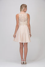 Load image into Gallery viewer, Short gown with halter illusion neckline, lace embroidered top, chiffon skirt, and zipper closure at back #6025
