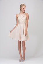 Load image into Gallery viewer, Short gown with halter illusion neckline, lace embroidered top, chiffon skirt, and zipper closure at back #6025

