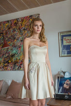 Load image into Gallery viewer, Short satin dress with sweetheart neckline, corset back, bejeweled design along pocket sleeves #6622

