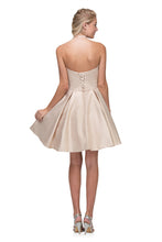 Load image into Gallery viewer, Short satin dress with sweetheart neckline, corset back, bejeweled design along pocket sleeves #6622

