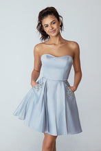 Load image into Gallery viewer, Short satin dress with sweetheart neckline, corset back, bejeweled design along pocket sleeves #6622
