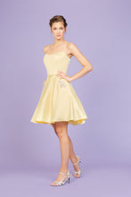 Load image into Gallery viewer, Short satin dress with sweetheart neckline, corset back, bejeweled design along pocket sleeves #6622
