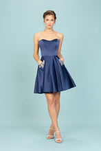 Load image into Gallery viewer, Short satin dress with sweetheart neckline, corset back, bejeweled design along pocket sleeves #6622
