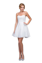 Load image into Gallery viewer, Short satin dress with sweetheart neckline, corset back, bejeweled design along pocket sleeves #6622
