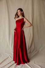 Load image into Gallery viewer, One shoulder evening floor length gown with embellished strap, pockets in skirt, back invisible zipper #9025
