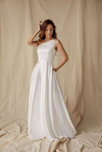 Load image into Gallery viewer, One shoulder evening floor length gown with embellished strap, pockets in skirt, back invisible zipper #9025
