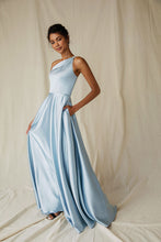 Load image into Gallery viewer, One shoulder evening floor length gown with embellished strap, pockets in skirt, back invisible zipper #9025
