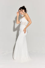 Load image into Gallery viewer, Fitted, floor length mesh gown with sweetheart corset-inspired bodice, structured boning, and padded cups #9077
