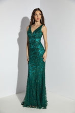 Load image into Gallery viewer, Sleeveless fitted V-neck body con evening gown with sequin glitter embellishment #9706
