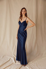 Load image into Gallery viewer, Silk Satin floor length gown, adjustable spaghetti straps, bias cut, cowl front, back open zipper (durable), lined, and bra cups inside the bust #9711
