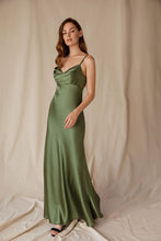 Load image into Gallery viewer, Silk Satin floor length gown, adjustable spaghetti straps, bias cut, cowl front, back open zipper (durable), lined, and bra cups inside the bust #9711
