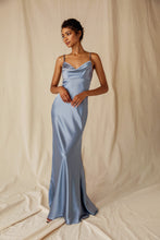 Load image into Gallery viewer, Silk Satin floor length gown, adjustable spaghetti straps, bias cut, cowl front, back open zipper (durable), lined, and bra cups inside the bust #9711
