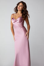Load image into Gallery viewer, Silk Satin floor length gown, adjustable spaghetti straps, bias cut, cowl front, back open zipper (durable), lined, and bra cups inside the bust #9711
