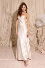 Load image into Gallery viewer, Silk Satin floor length gown, adjustable spaghetti straps, bias cut, cowl front, back open zipper (durable), lined, and bra cups inside the bust #9711
