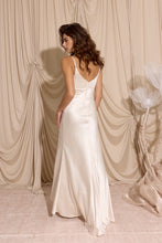 Load image into Gallery viewer, Silk Satin floor length gown, adjustable spaghetti straps, bias cut, cowl front, back open zipper (durable), lined, and bra cups inside the bust #9711
