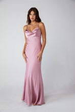 Load image into Gallery viewer, Silk Satin floor length gown, adjustable spaghetti straps, bias cut, cowl front, back open zipper (durable), lined, and bra cups inside the bust #9711
