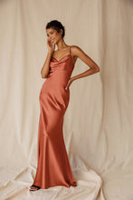 Load image into Gallery viewer, Silk Satin floor length gown, adjustable spaghetti straps, bias cut, cowl front, back open zipper (durable), lined, and bra cups inside the bust #9711

