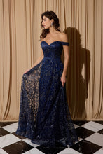 Load image into Gallery viewer, Off shoulder A-line evening gown with glitter floral print and sequin embellishment #9766
