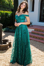 Load image into Gallery viewer, Off shoulder A-line evening gown with glitter floral print and sequin embellishment #9766
