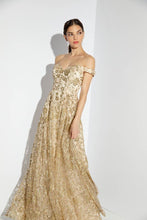 Load image into Gallery viewer, Off shoulder A-line evening gown with glitter floral print and sequin embellishment #9766
