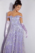 Load image into Gallery viewer, Off shoulder A-line evening gown with glitter floral print and sequin embellishment #9766
