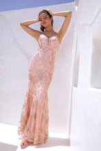 Load image into Gallery viewer, Fitted long gown with printed floral glitter design, V-neckline with zipper back #9788
