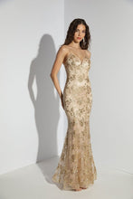 Load image into Gallery viewer, Fitted long gown with printed floral glitter design, V-neckline with zipper back #9788
