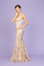 Load image into Gallery viewer, Fitted long gown with printed floral glitter design, V-neckline with zipper back #9788
