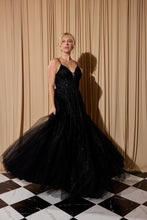 Load image into Gallery viewer, Mesh glitter A-line gown into center embroidery beaded design, V-neckline with double roleau straps #9797
