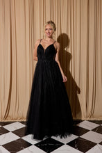 Load image into Gallery viewer, Mesh glitter A-line gown into center embroidery beaded design, V-neckline with double roleau straps #9797
