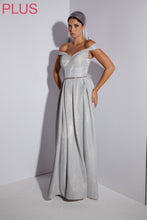 Load image into Gallery viewer, Long off shoulder A-line gown with side slit (safe enclosure to ensure coverage), beaded belt, and pockets #9808
