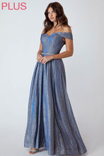 Load image into Gallery viewer, Long off shoulder A-line gown with side slit (safe enclosure to ensure coverage), beaded belt, and pockets #9808
