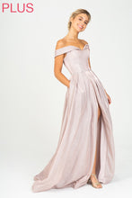 Load image into Gallery viewer, Long off shoulder A-line gown with side slit (safe enclosure to ensure coverage), beaded belt, and pockets #9808
