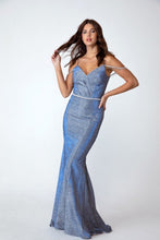 Load image into Gallery viewer, Floor length, mermaid, fitted, shimmer toned gown with pleated shaped bust off shoulder jeweled chain #9811
