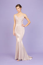 Load image into Gallery viewer, Floor length, mermaid, fitted, shimmer toned gown with pleated shaped bust off shoulder jeweled chain #9811
