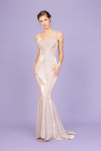 Load image into Gallery viewer, Floor length, mermaid, fitted, shimmer toned gown with pleated shaped bust off shoulder jeweled chain #9811
