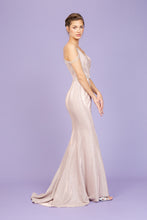 Load image into Gallery viewer, Floor length, mermaid, fitted, shimmer toned gown with pleated shaped bust off shoulder jeweled chain #9811
