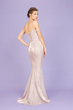 Load image into Gallery viewer, Floor length, mermaid, fitted, shimmer toned gown with pleated shaped bust off shoulder jeweled chain #9811
