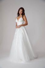 Load image into Gallery viewer, Floor length, A-line silhouette with 3D lace embroidery on the bodice and straps #9858
