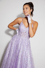 Load image into Gallery viewer, A-line open boning with glitter floral print and sequin embellishment #9908
