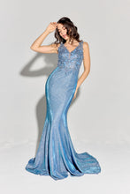 Load image into Gallery viewer, Long, fitted glitter jersey dress with embroidered V-neckline and bodice #9910
