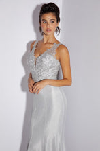 Load image into Gallery viewer, Long, fitted glitter jersey dress with embroidered V-neckline and bodice #9910

