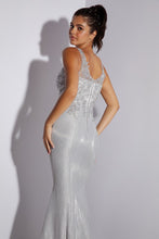 Load image into Gallery viewer, Long, fitted glitter jersey dress with embroidered V-neckline and bodice #9910
